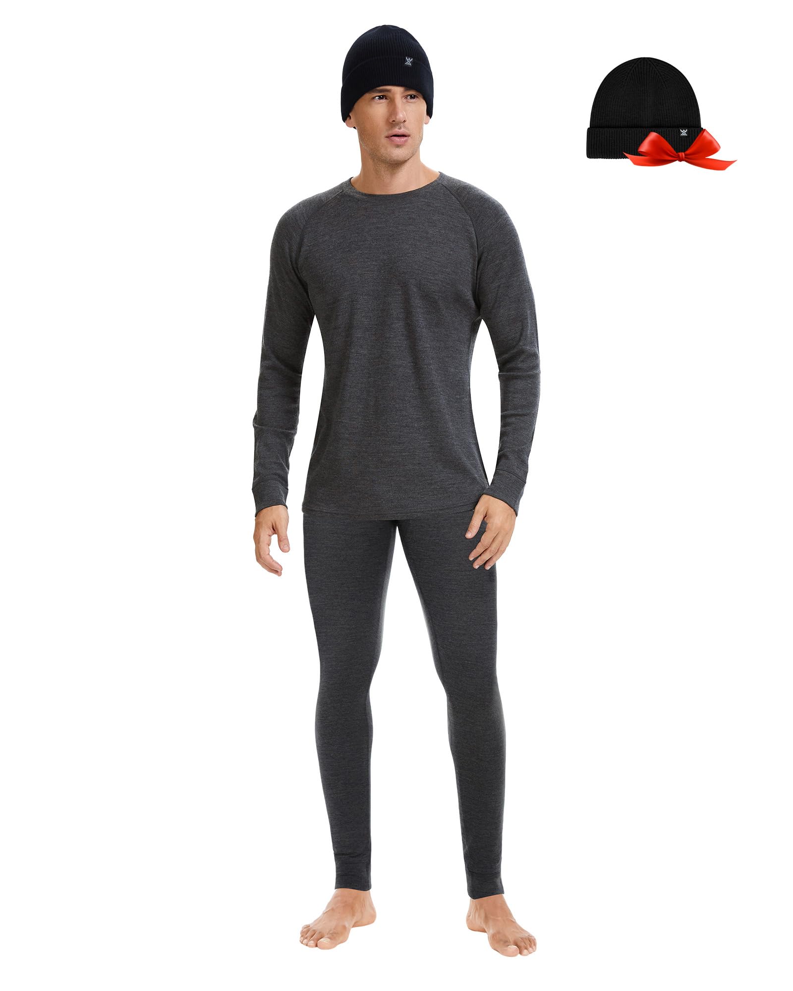 Mens 100 Merino Wool Base Layer Sets - Light and Midweight Thermal Underwear Gifts Pack with Wool Beanie