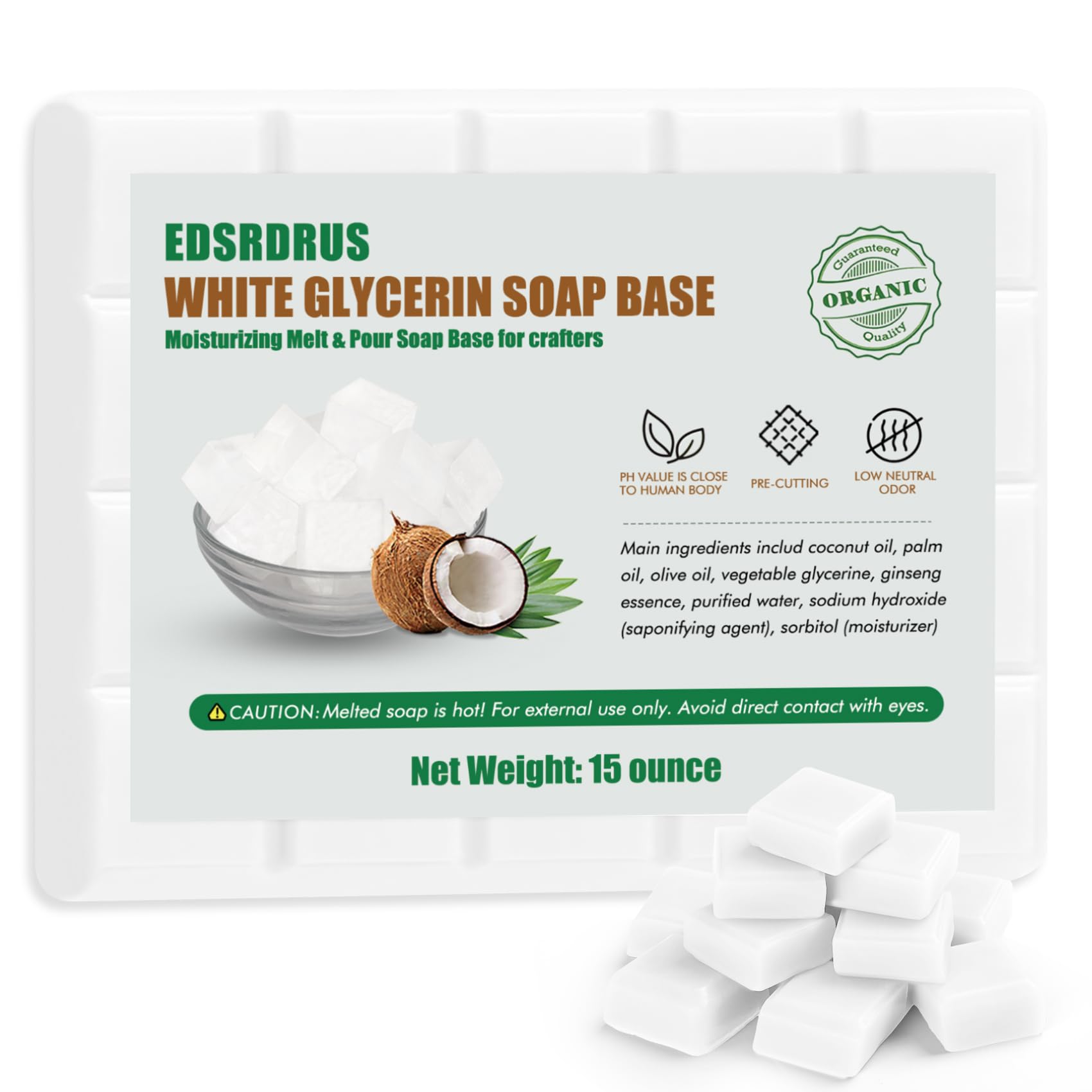 15 Ounces Glycerin Soap Base - Melt and Pour Soap Base for DIY Crafting, Easy to Cut, Vegan and Natural, Moisturizing and Gentle on Skin, Perfect for Soap Making Supplies (White,15 Ounces)