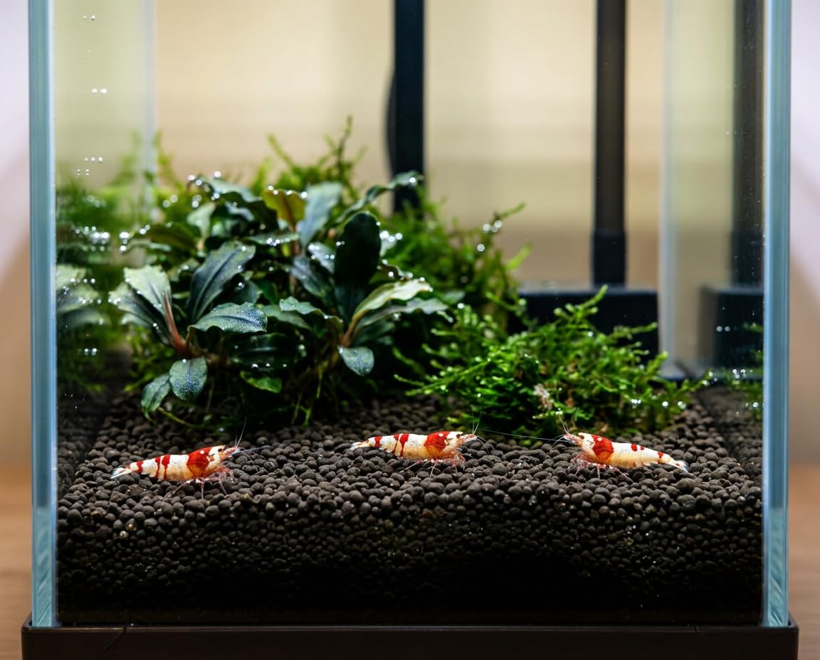 NatureHolic Shrimp Base Garnelenaquarium Komplettset mit Bodenfilter | Nano Aquarium 10,8L Ultraweißglas | Pumpe, LED, 360° Drehteller, Schwarze Glasrückwand