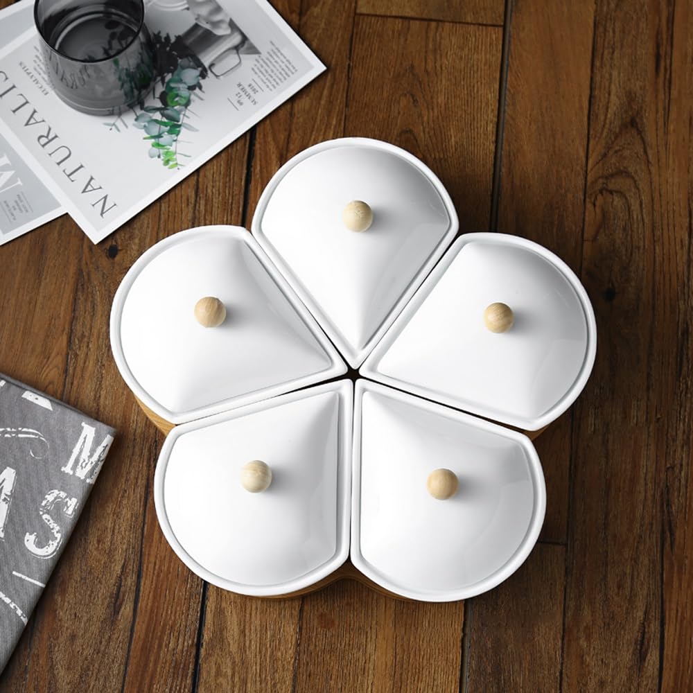 Plateau à goûter divisé avec 5 bols en céramique sur base en bambou – Parfait pour les apéritifs et les collations | Plateau de service polyvalent pour toutes les occasions