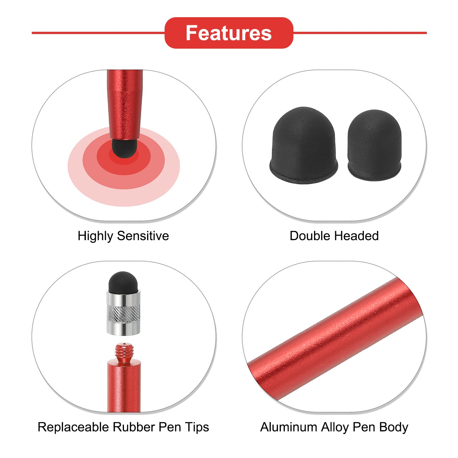 MECCANIXITY 5 lápices capacitivos para pantallas táctiles, doble punta de goma, lápiz capacitivo universal para tableta, sensibilidad, precisión, color rojo