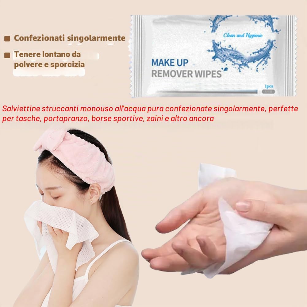 Confezione da 50 salviette struccanti usa e getta confezionate singolarmente, da viaggio, delicate sulla pelle; salviette igieniche delicate per il viso, salviette detergenti con acqua pura per viaggi