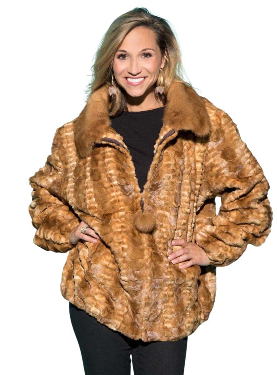 Henig Furs Sectioned Mink Fur Bomber Jacket with Full Skin Mink Fur Collar