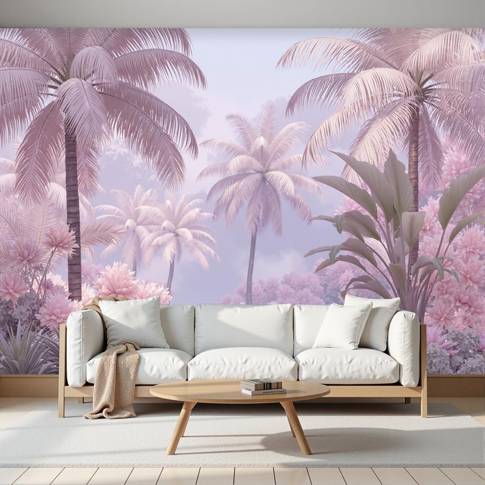 Carta da Parati Fotografica 300 x 210cm Grande Sfondo per TV, Palmeto Paesaggio Onirico Poster Gigante Design Cameretta Carta per Pareti Rosa Viola Decorazione