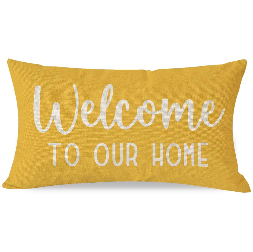 PANDICORN Decorative Throw Pillow Covers 12x20 Inch Welcome to Our Home Yellow Outdoor Farmhouse Spring Summer Decorations Lumbar Decorative Cushion