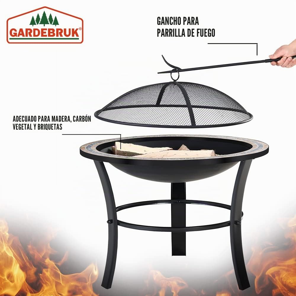 GARDEBRUK® Brasero Jardin Fuego Ø76cm Rejilla Antichispas Atizador Tapa Metal Redondo Chimenea Exterior