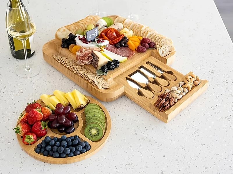 Charcuterie Board Gift Set, Bamboo Cheese Board with Cheese Knives, Includes Stainless Steel Serving Utensils, Cheese Platter and Serving Tray, Perfect for Wedding, Gift for Couples, etc 1