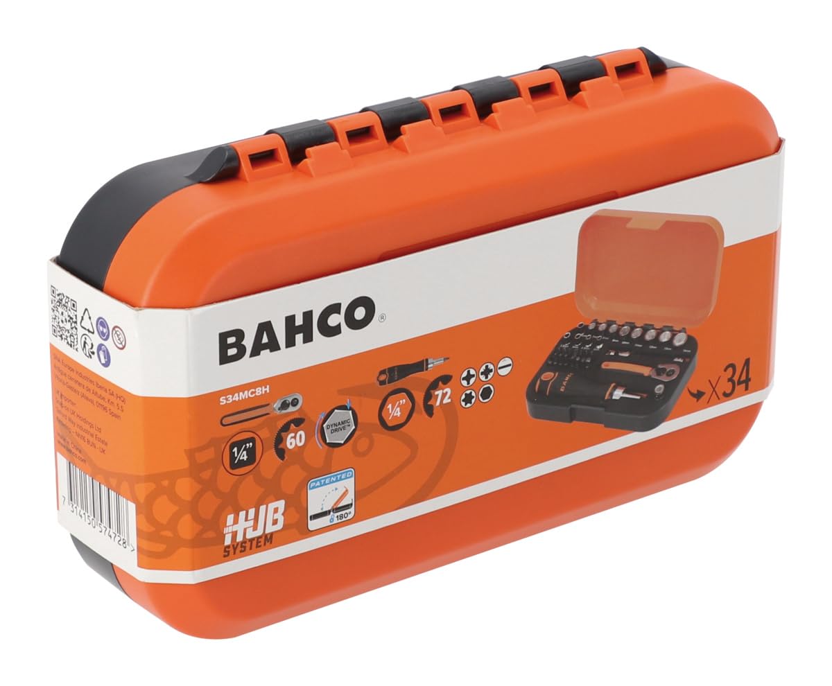Bahco Set di chiavi a bussola e punte da 34 pezzi, attacco da 1/4", in acciaio al cromo vanadio, kit di attrezzi professionali con cricchetto, prese e accessori, ideale per fai da te, attività