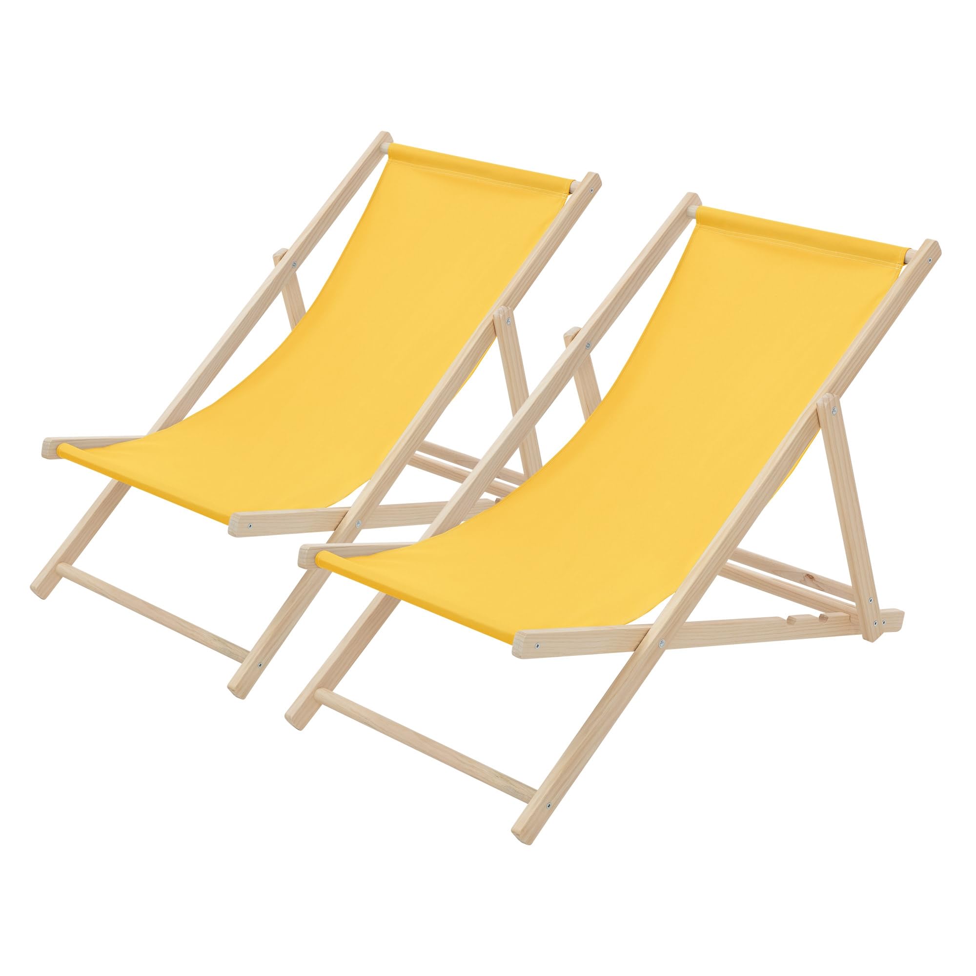 ECD Germany Lot de 2 Chaises Longues Pliantes en Bois Chiliennes, Jaune, Dossier Réglable, 3 Positions de Couchage, jusqu'à 120kg, Bain de Soleil en Tissu pour la Plage Jardin Terrasse Camping
