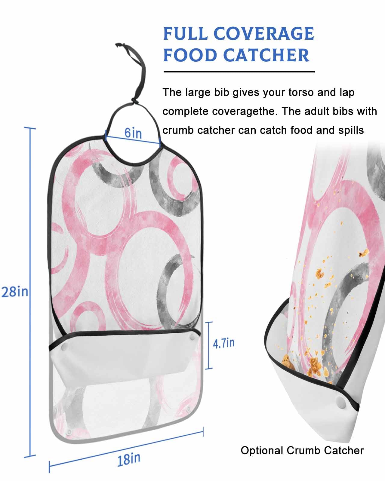 LEOKOTI Pink Gray Geometric Adult Bibs for Eating, Waterproof Bibs with Food Catcher & Adjustable Snap Closure, Modern Oil Painted Abstract Art Washable Clothing Protectors Adult Bibs for Elderly