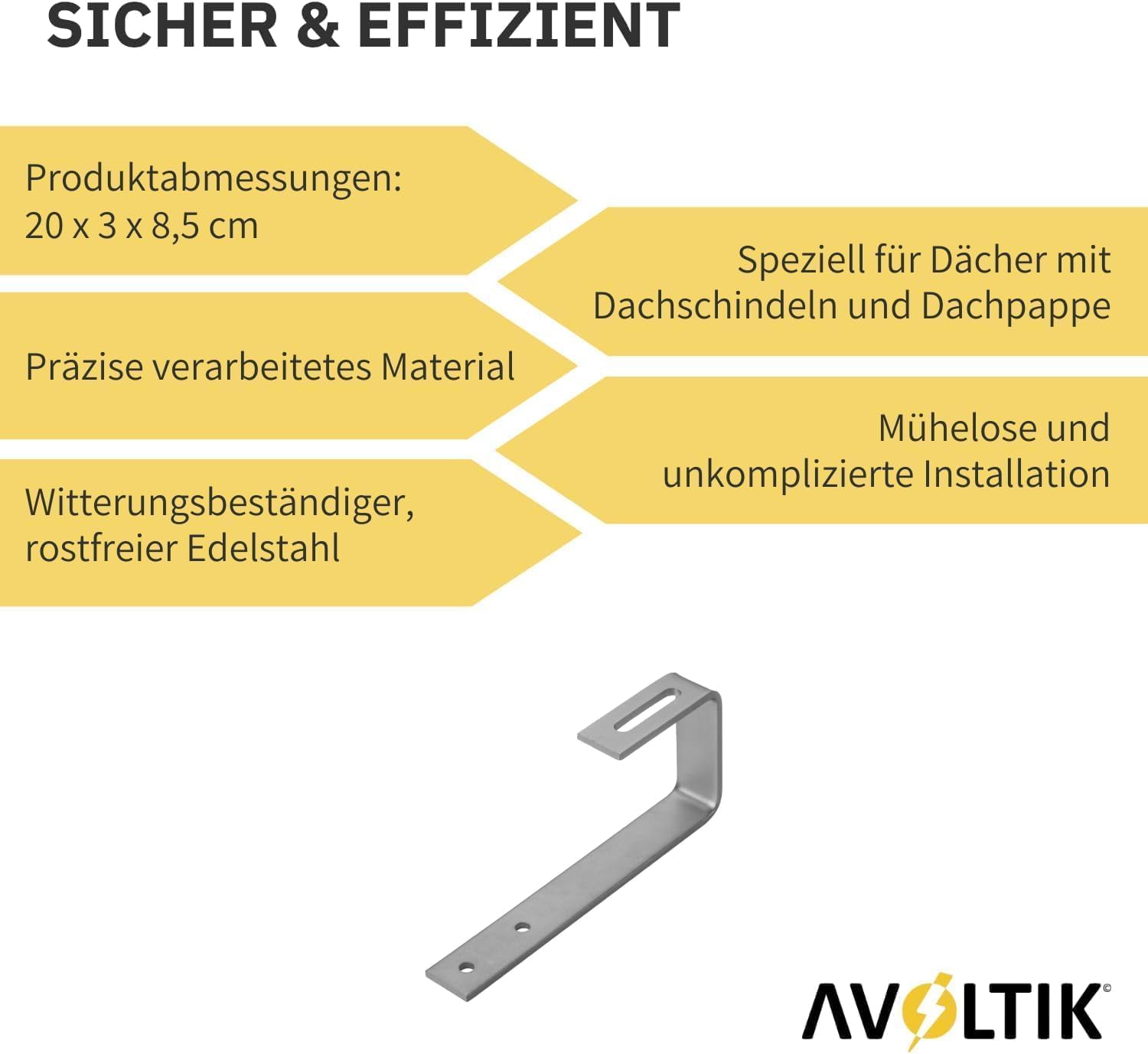 Avoltik Dachhaken Photovoltaik Befestigung für Bitumen/Schiefer/Schindel & Dachziegel 4 Stück I hochwertige Solar Dachhaken aus Edelstahl 1.4301 I sichere & langlebige Befestigung auf Bitumen