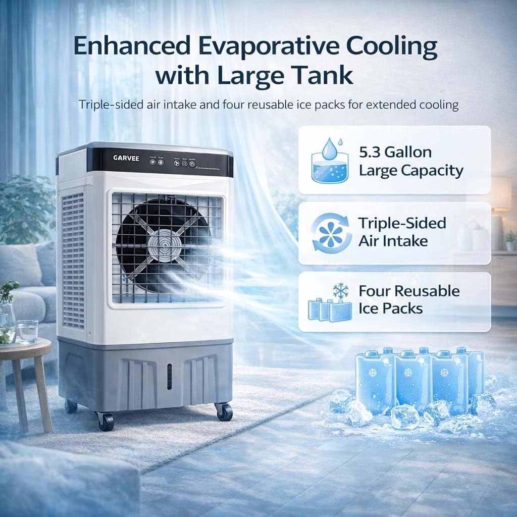 White and Gray Portable Air Conditioner Fan, Evaporative Air Cooler with Remote Control, 3 Fan Speeds, 1600ml Water Tank, 2/4/8 Hour Timer, Adjustable Airflow, for Bedroom Office Desk