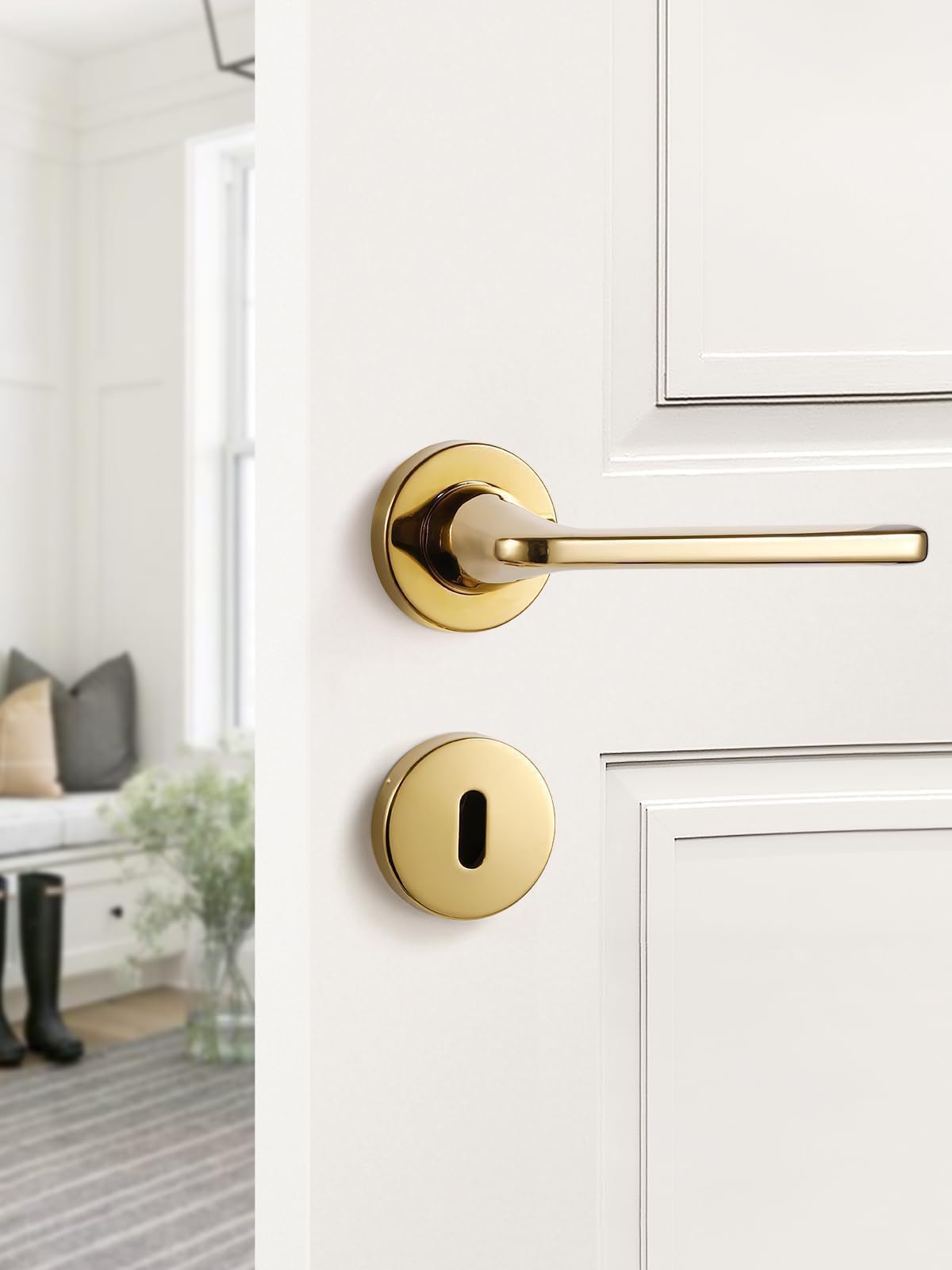 SORWDUERM Gold Door Handle Set, Matte Brushed Stainless Steel, L Shape Round Rosette BB Profile Cylinder for Front & Interior Doors - Image 4