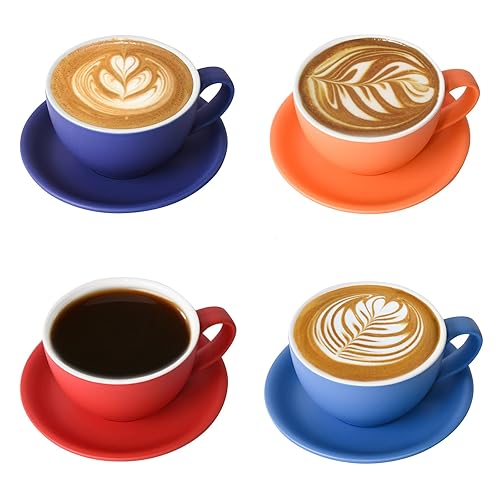 Yundu Ceramics Latte Cup and Saucer - 10 oz for Cappuccino,Tea,Cafe Mocha, Set of 4,Matte Mixed Color