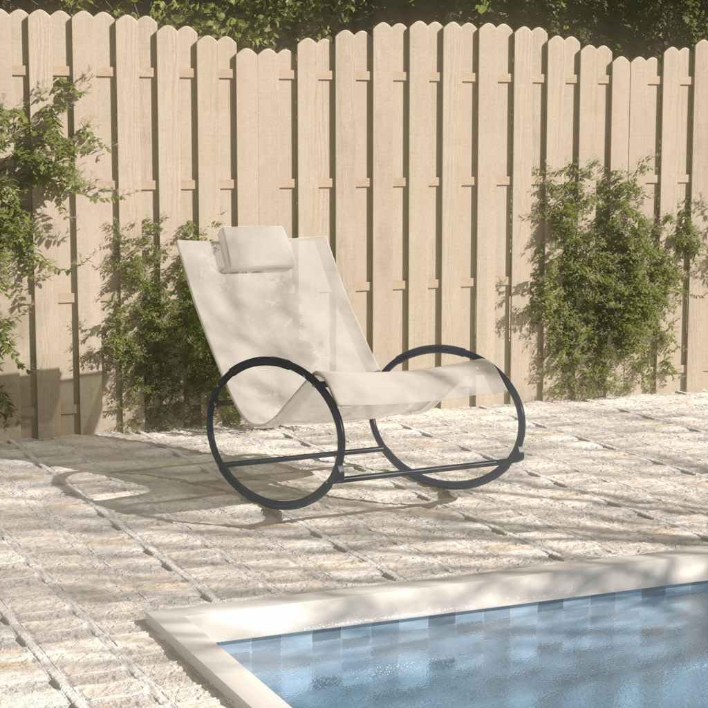 Leżak do opalania z poduszką, stal tekstylen, kremowy | Ergonomiczne podłokietniki, wodoodporne, oddychające, zdejmowany zagłówek, do ogrodu, na taras, basen