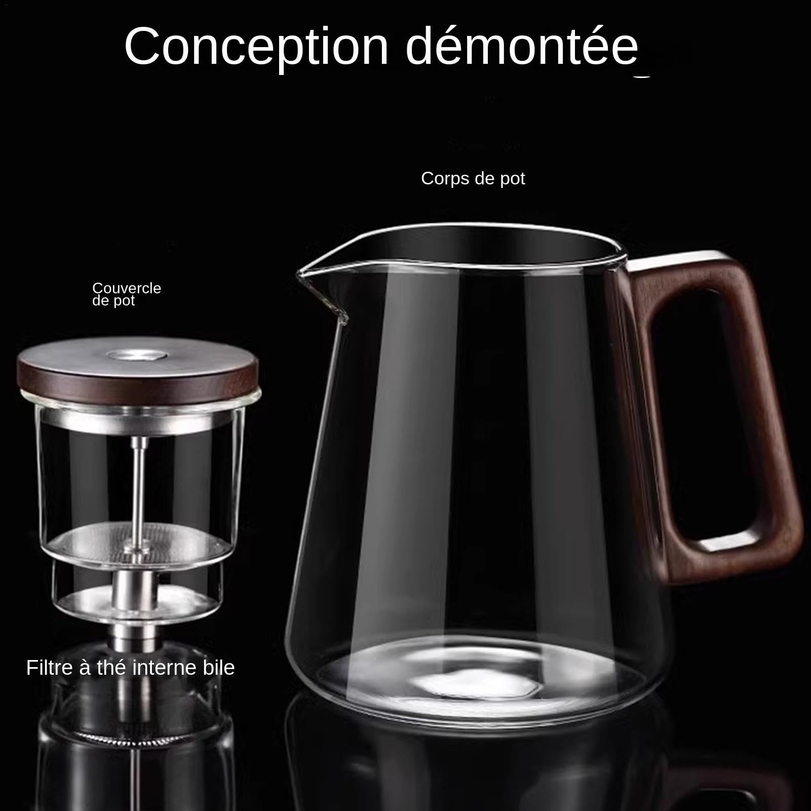 Enchantipot Théière en Verre 800ml Avec Séparation d'Eau et Poignée en Bois, Pot à Thé Magique Avec Contrôle de Presse et Infuseur, Filtration de Thé