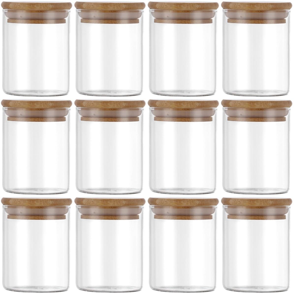 Tarro de Vidrio con Tapa de Bambú 250ml, 12 Piezas | Boca Ancha, Cierre Hermético, Vidrio y Silicona, para Harina y Azúcar, Formato Compacto de Cocina
