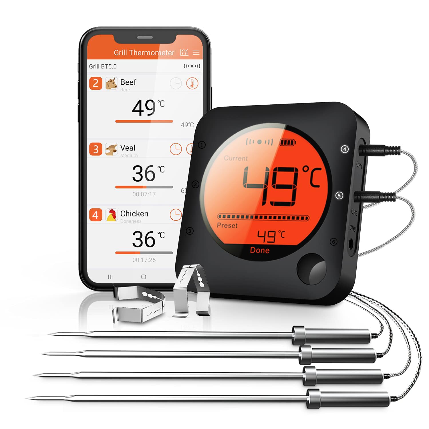 BFOUR Termometro da Cucina Digitale Termometro per Cucina Bluetooth Termometro per Carne Barbecue Wireless Termometro da Forno con Timer BBQ Griglia LED Display App 6 Sensori (Nero, 4 Sonde)