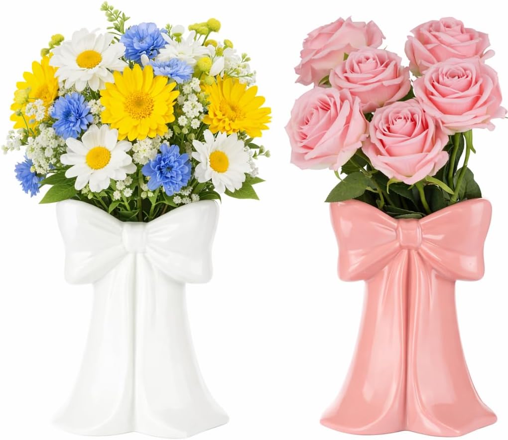 2 PCS Pink Bow Ceramic Vases, Coquette Bud Vase Set in Pink and White, Small Centerpiece Table Decor, Cute Ribbon Design for Flowers, Makeup Brush or Pen Holder, Home Office Wedding