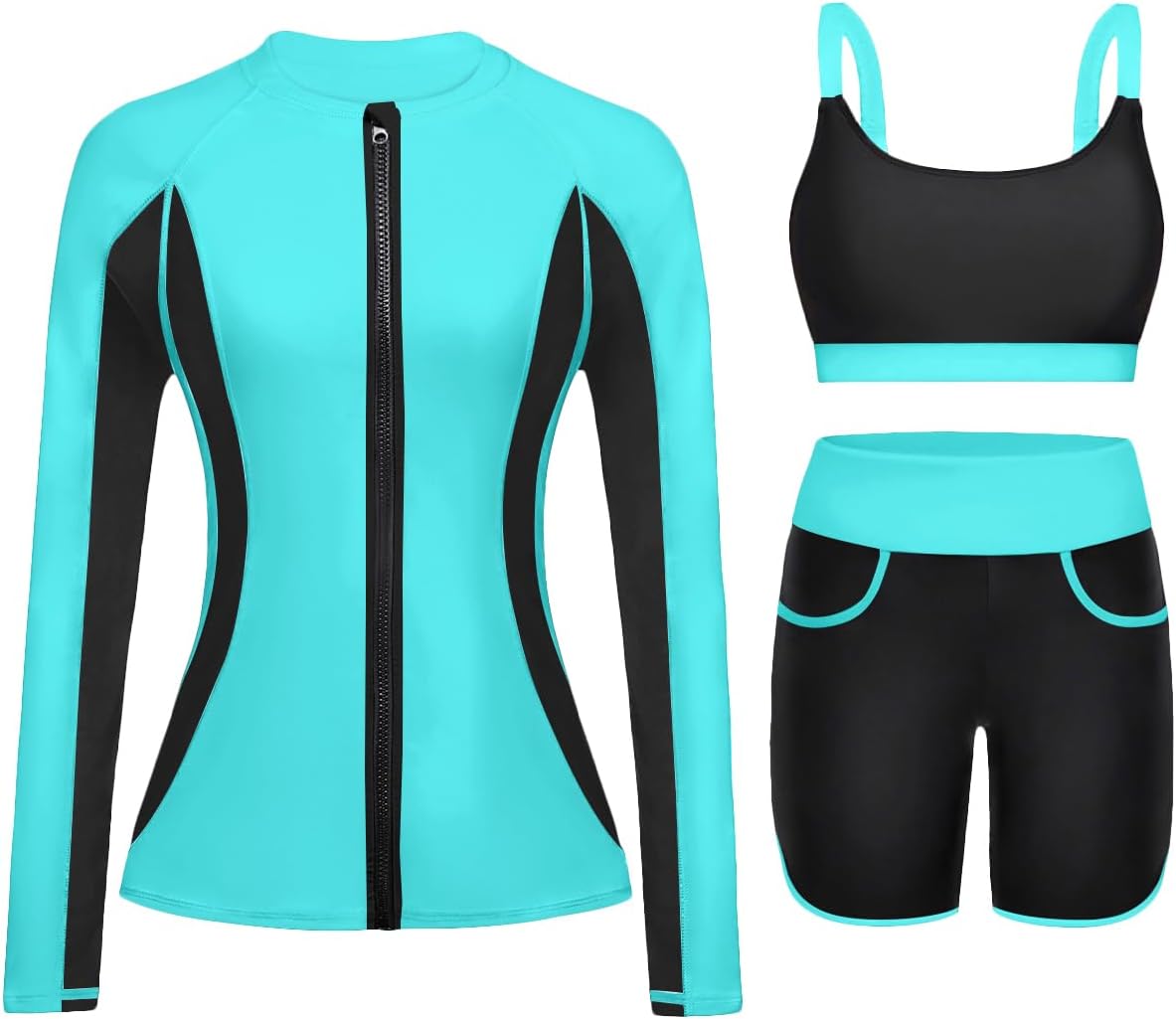 Women 3 Piece Rash Guard - Long Sleeve Swimsuit Built in Bra Swim Shirt Zip Bathing Suit with Pocket Shorts