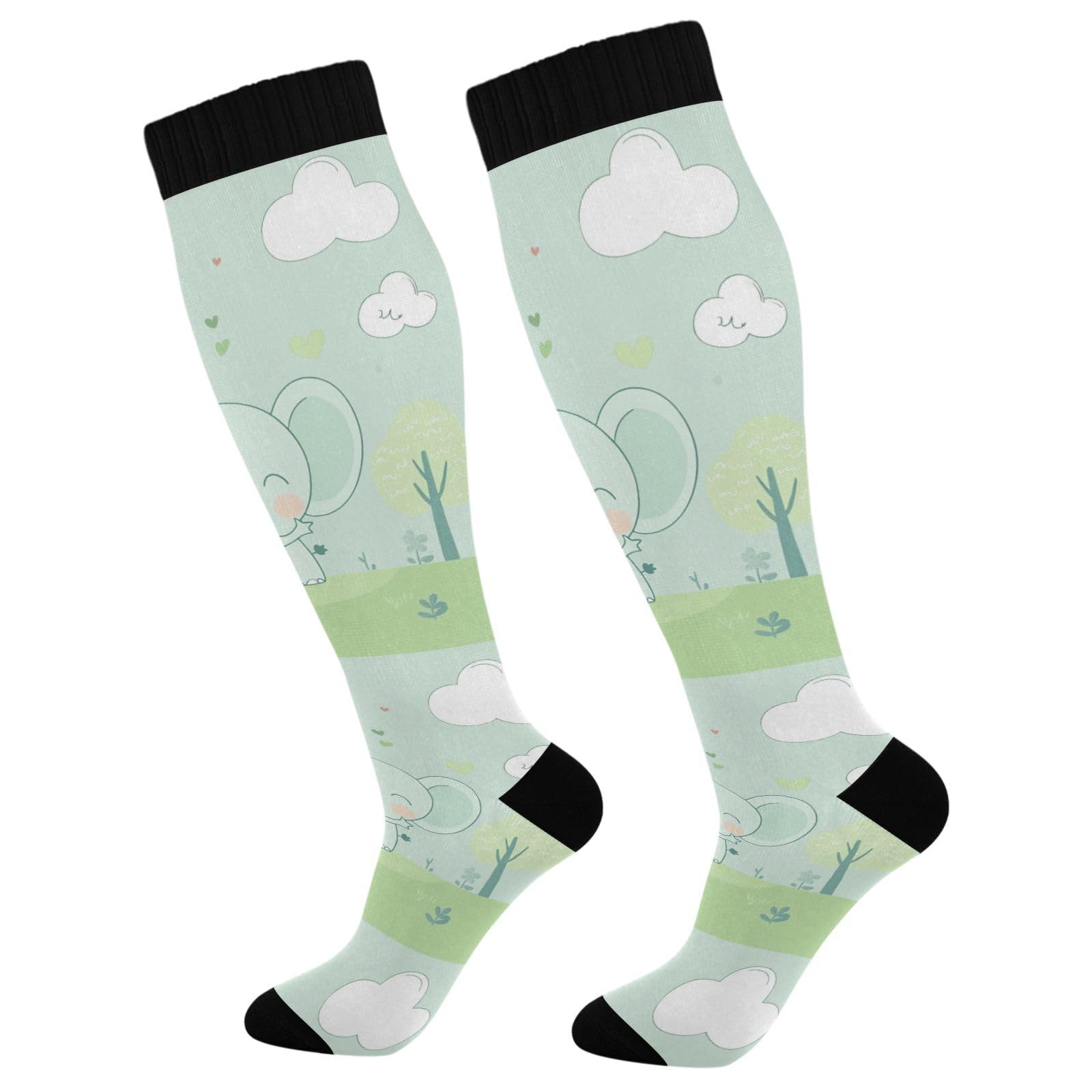 Wassud Cute Elephant Compression Socks for Women and Men 20-30 mmHg Knee High Socks for Nurses Travel 1 Pair