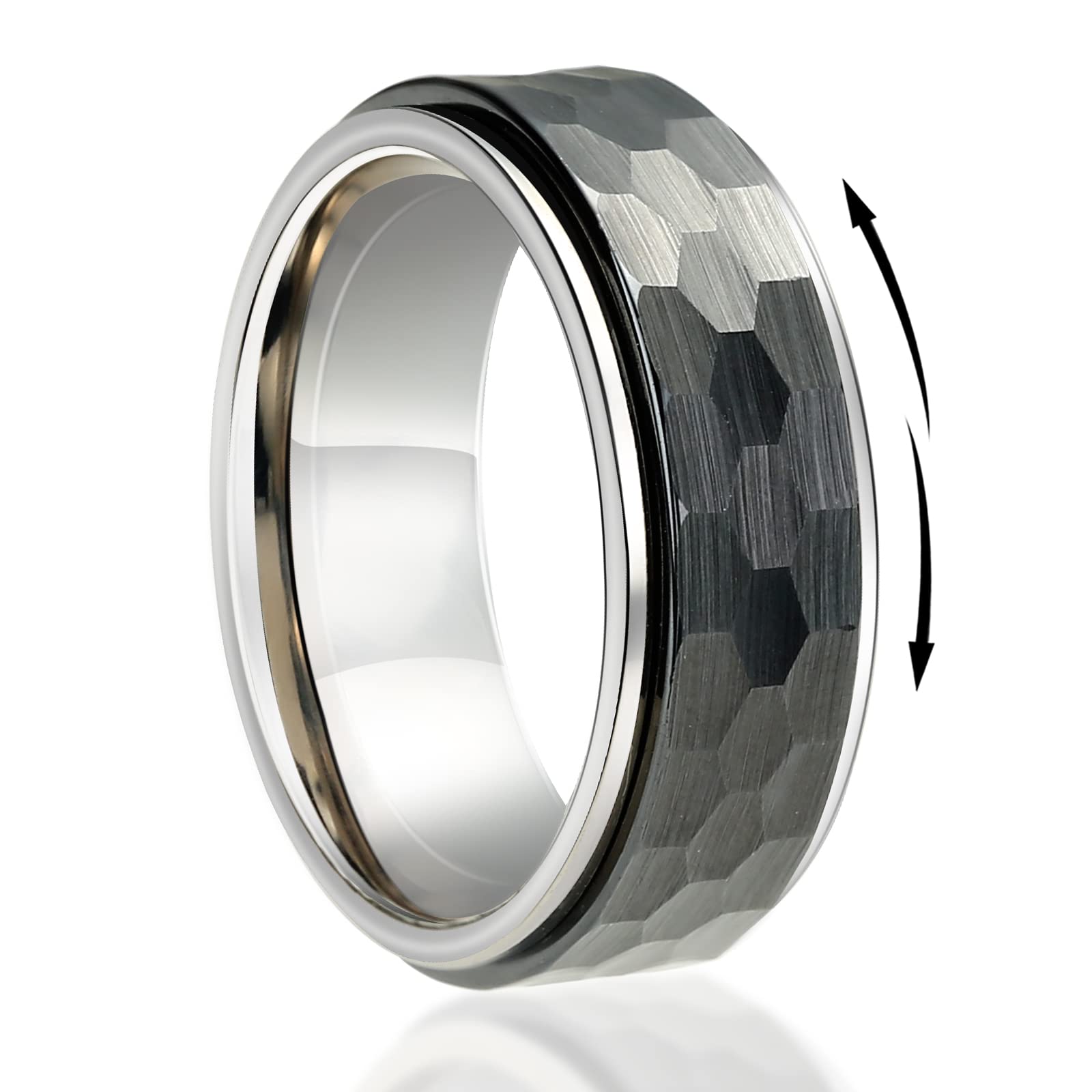 TGNEL8mm Titanium Fidget Wedding Rings Hammered/Faceted Black Ceramic Half Sizes Spinner Rings for Men, Nickel Free Anxiety Relieving Rings Promise Engagement Finger Band Comfort fit Size 7-16