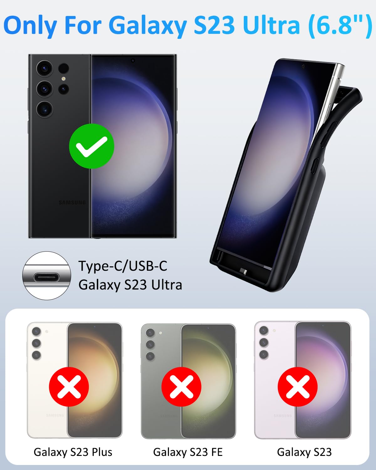 Funda de batería para Samsung S23Ultra/S22Ultra (6.8 pulgadas), 16000 mAh, ultrafina, de alta capacidad, magnética, recargable, carga extendida, cargador portátil, color negro