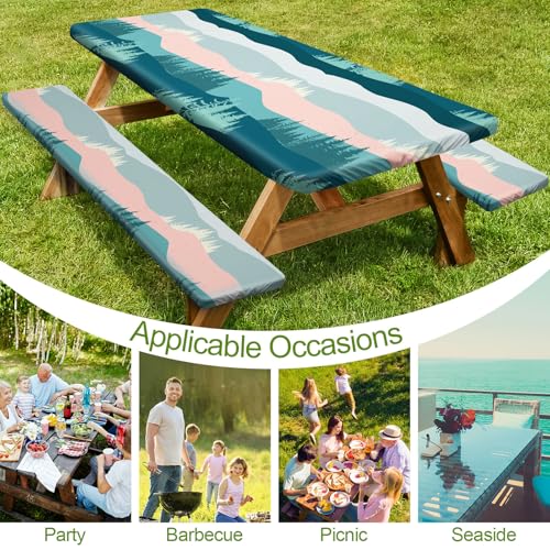 Image of Picnic Table Cover with Bench Covers 6FT 3 Pcs Waterproof Windproof Aesthetic Camping Tablecloth with Drawstring Bag, Fitted for 6 Foot Rectangle Tables and Seats, 72 inch, Pink Green Mountains