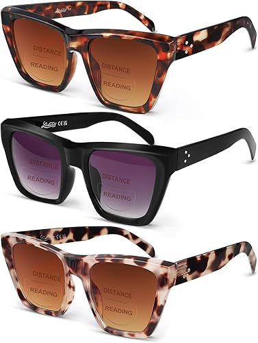 LADEESSE Paquete de 3 lentes de sol bifocales para mujer, lentes de lectura de sol de gran tamaño con ojo de gato, estilo vintage, para exteriores,