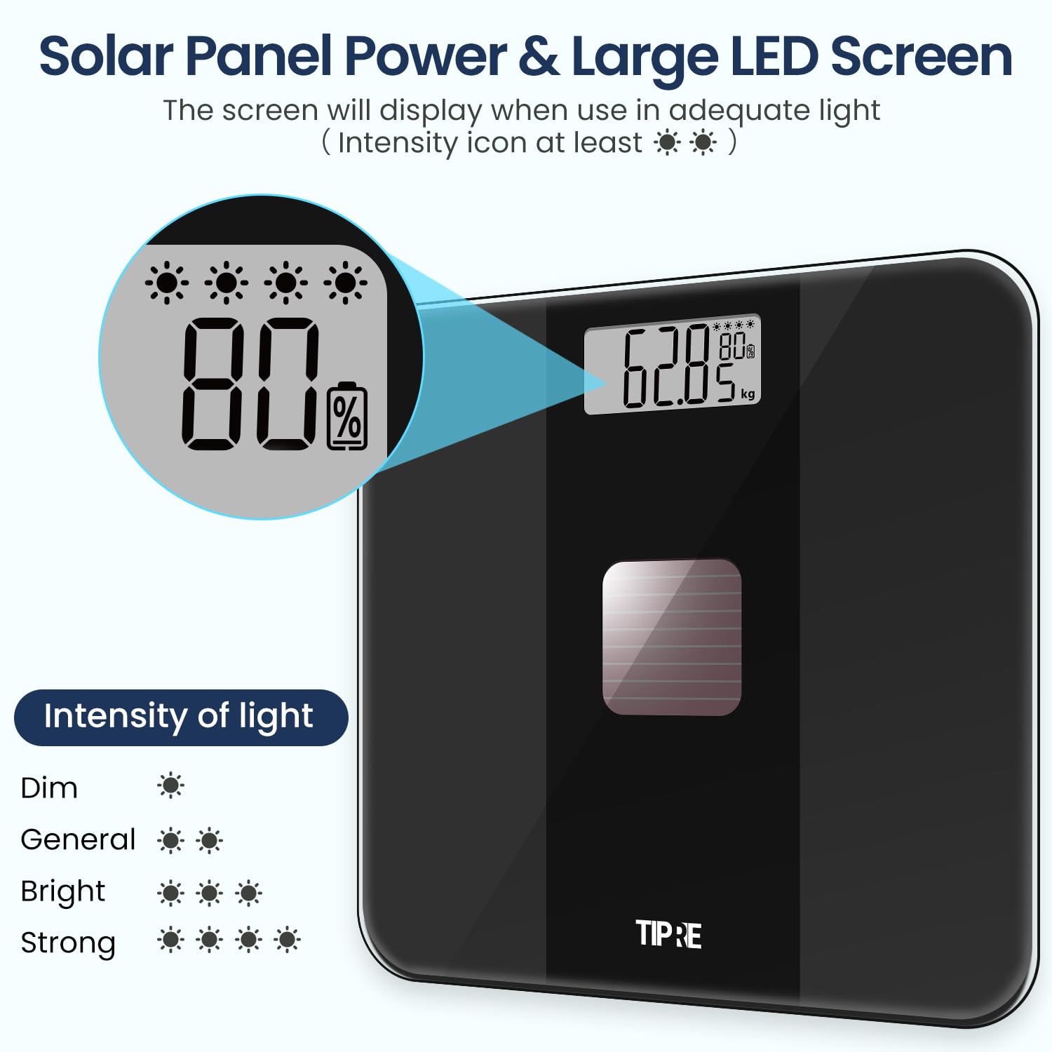 TIPRE Báscula para peso corporal, báscula de peso alimentada por energía solar con potencia infinita, báscula electrónica de baño para pérdida de peso, báscula digital con precisión de 0.01 libras, no