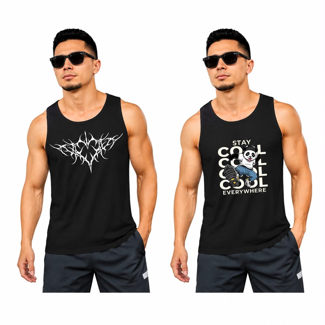 Men's Printed Sleeveless Tank Top Round Neck Casual Gym Sports Vest Black-picture-12