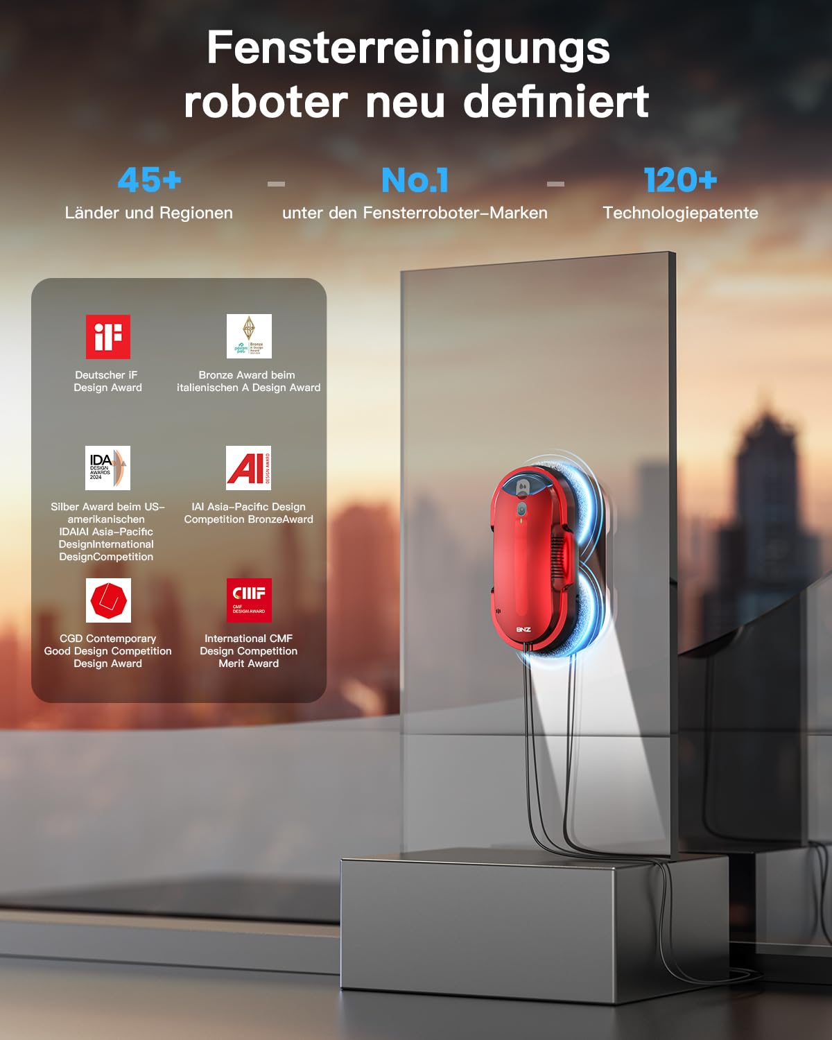 BNZ Window Cleaning Robot, K1, Red, Fensterreinigungsroboter - Automatisches Zwei-Wege-Sprühsystem mit dreifachem Sicherheitssystem, intelligenter Navigation, Fernbedienung
