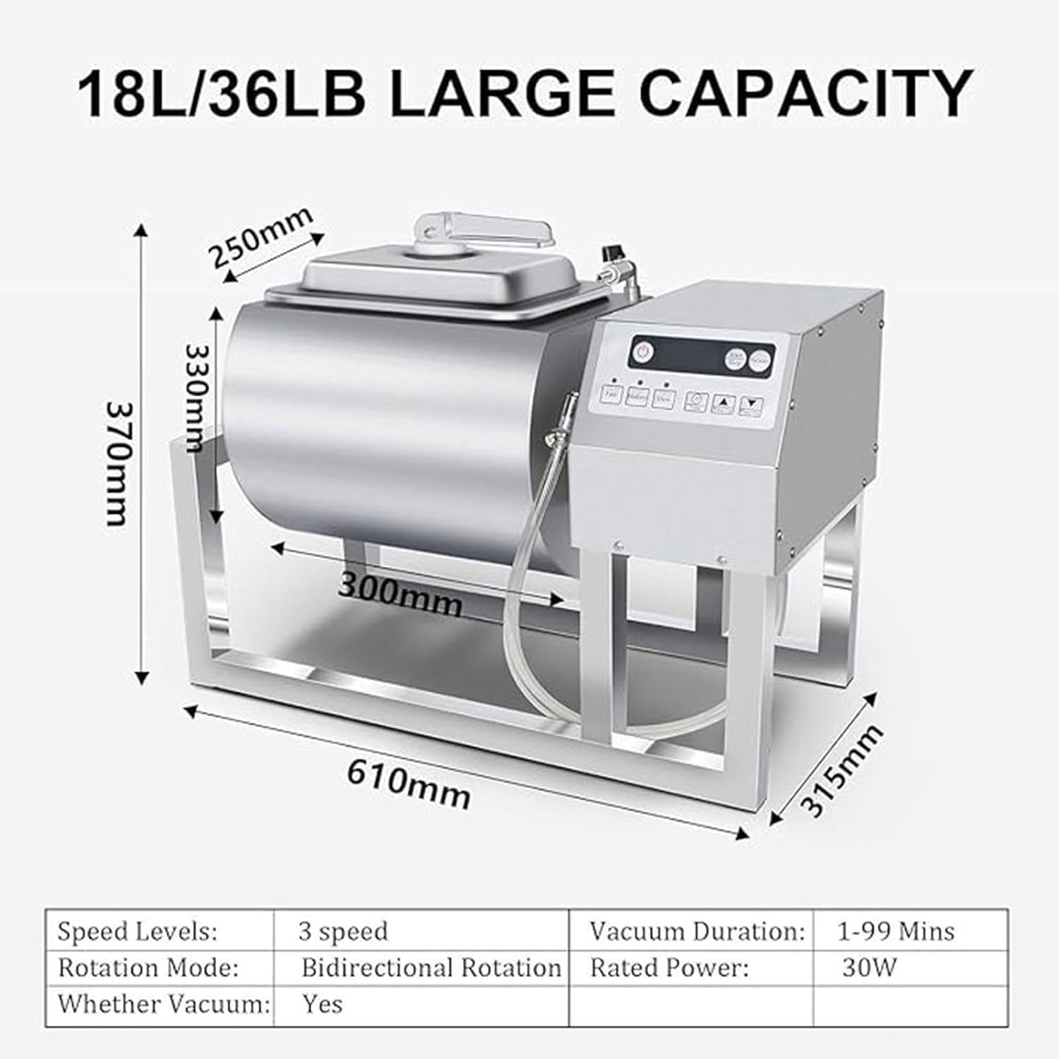 Marinador De Carne Al Vacío 18l 30w En Acero Inoxidable Alimentario, Tumbler De Vacío De Sobremesa con Rotación Bidireccional Y 3 Velocidades, Temporizador 1 a 99 Minutos