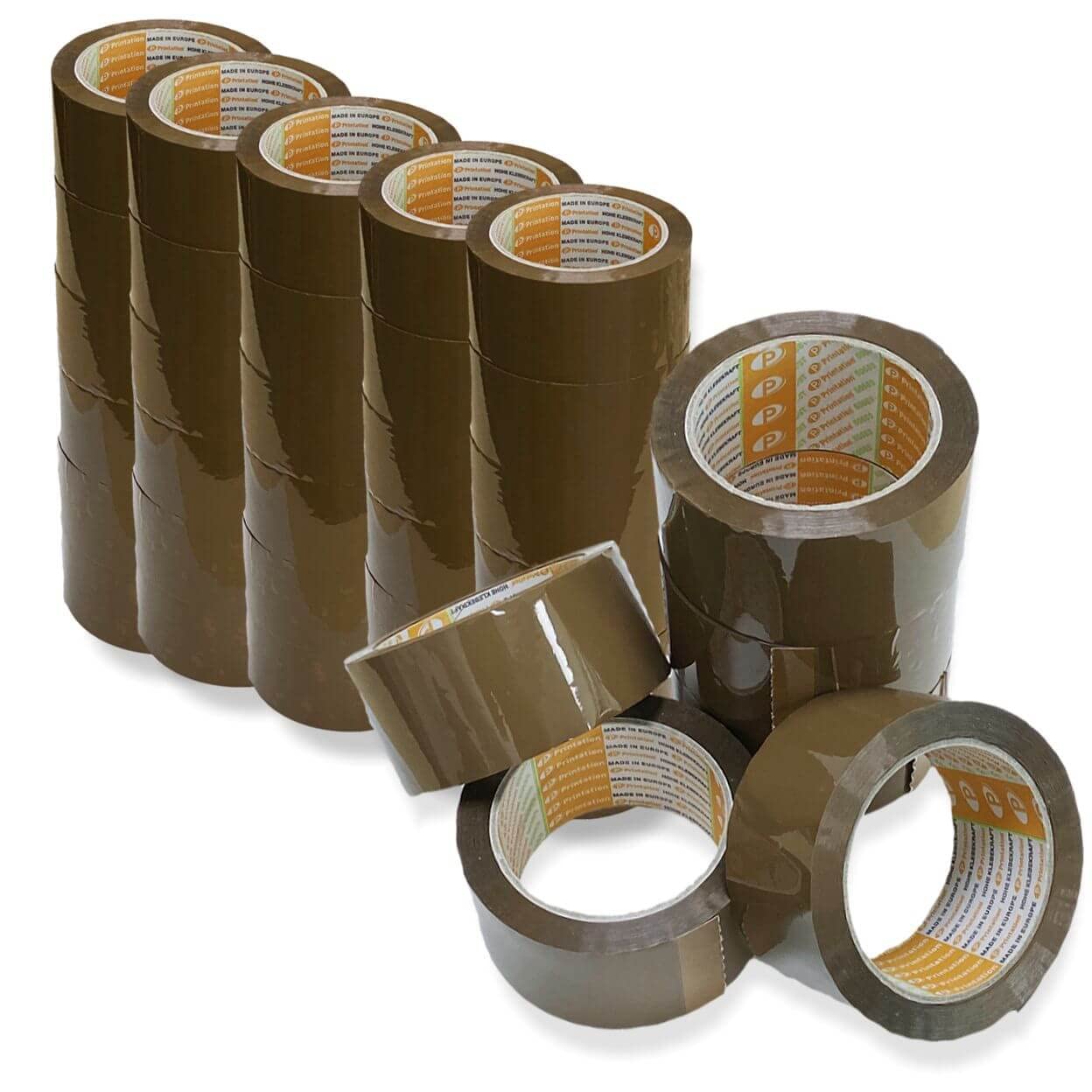 Printation Set de 36 cintas de embalar de 50mm marrón - 36 rollos de cinta embalaje de 66m de fuerza cada uno, desenrollado silencioso - cinta adhesiva fuerte, resistente al desgarro y poco ruidosa