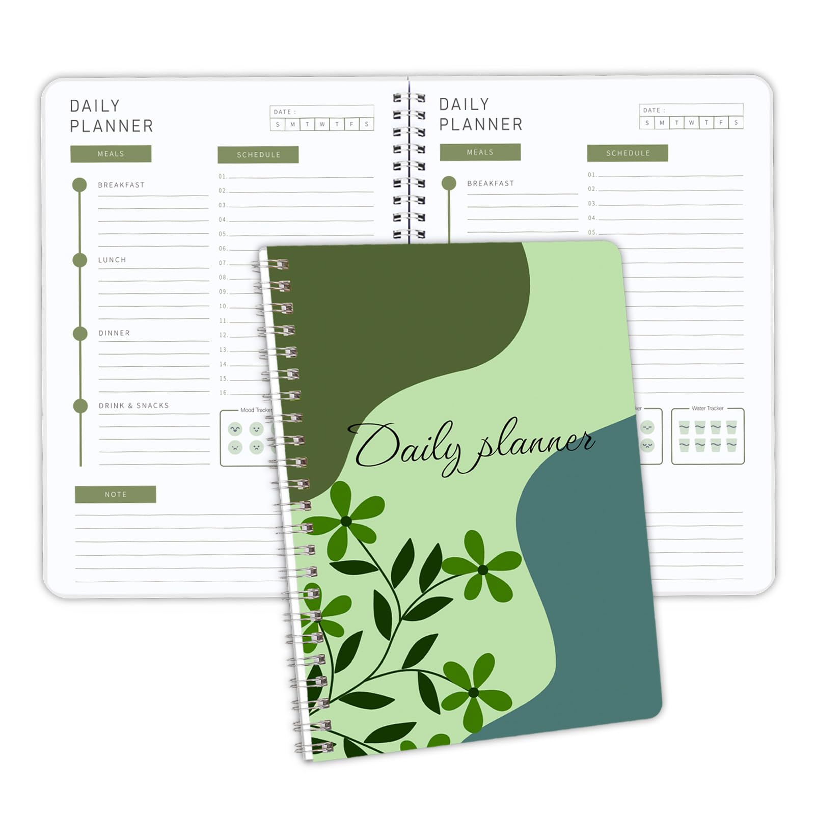 Undated Daily planner, With Meals Planner and Schedule planner & note,5.8"×8"Pvc Cover Flexible Binding, Green Undated Planner For Office And Women