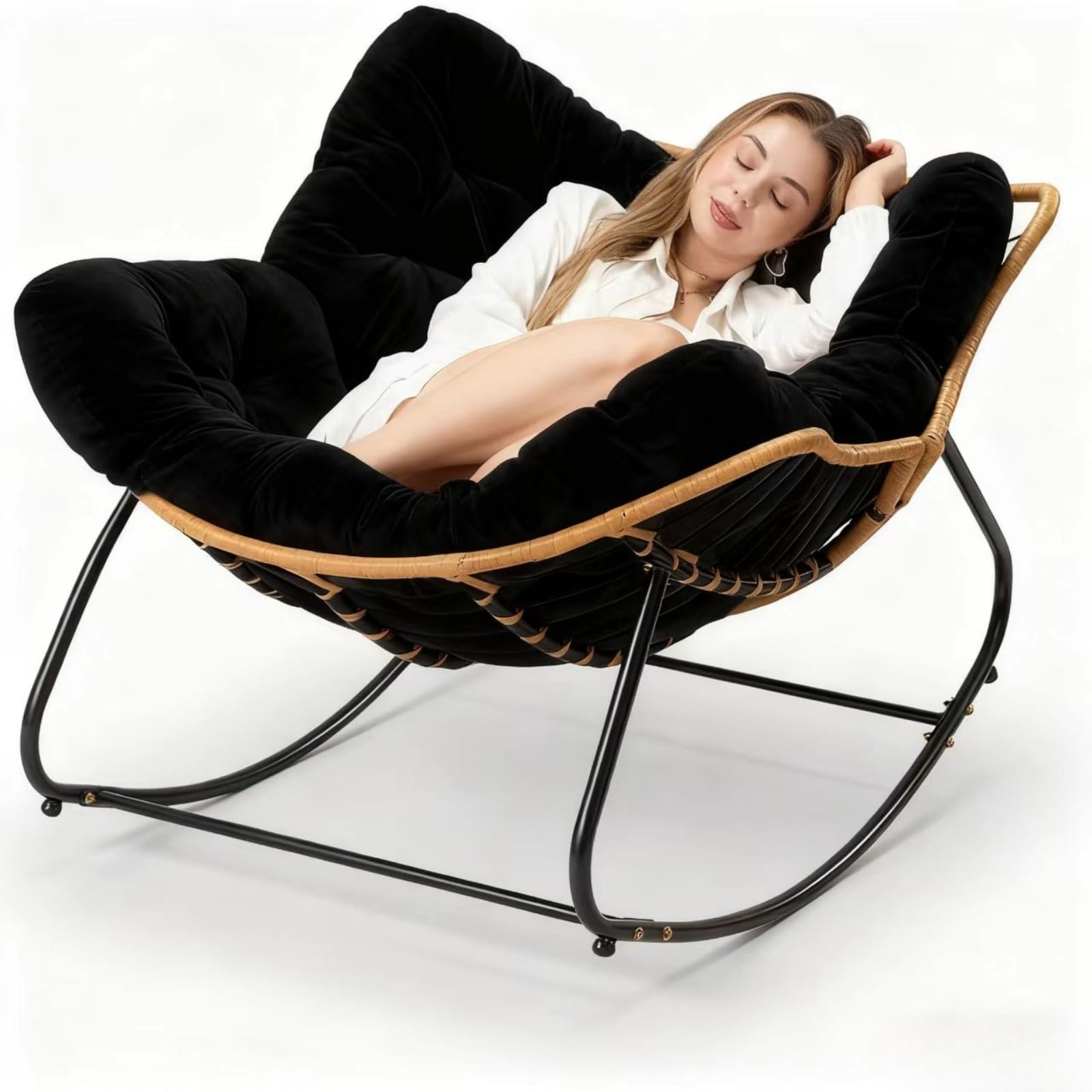 Giant Rocking Chair for Adults, Indoor Outdoor Wicker Rocking Egg Chair, Comfortable Upholstered Modern Papasan Lounge Chair, for Bedroom, Living Room, Porch, Garden, Patio (Black,Oversized)