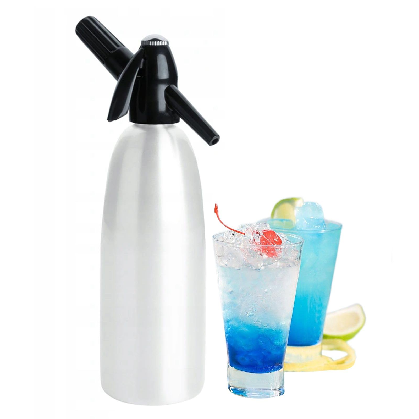 Arroseur d'eau gazeuse, 1 L, siphon à soda avec régulateur de pression, arroseur en aluminium pour jus faits maison, mojitos, cocktails, boissons (argent)