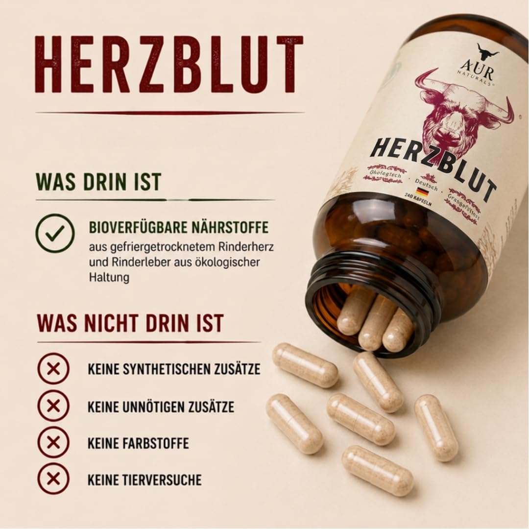 Rinderleber & Rinderherz Kapseln Bio – 240 Kapseln von Weiderindern aus Deutschland | Grasgefüttert & ökologische Haltung I Organ-Supplement für Energie, Leistung & Blutbildung I AUR Naturals
