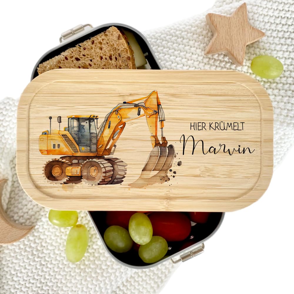 Manufaktur Liebevoll Personalisierte Brotdose Edelstahl Lunchbox mit Bambus Deckel Trenner Nachhaltige Brotbüchse Motiv Bagger