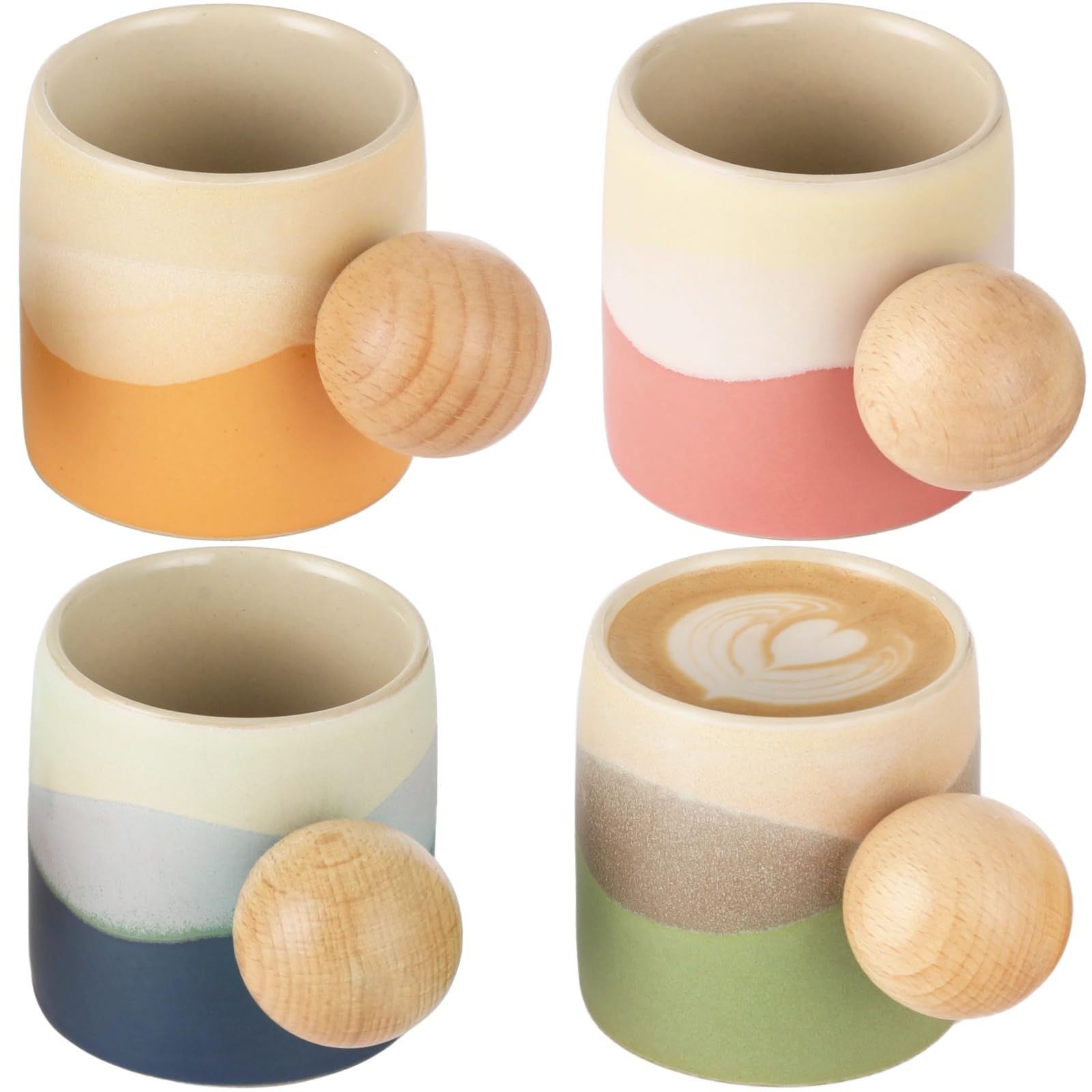 4 Stk. Keramik-Espressotassen, 2,4 oz Demitasse-Kaffeebecher mit Holz-Kugelgriff, kleines Becherset in Farbverlauf-Optik, Keramik-Teetassen, mit Geschenkbox für Kaffee und Tee