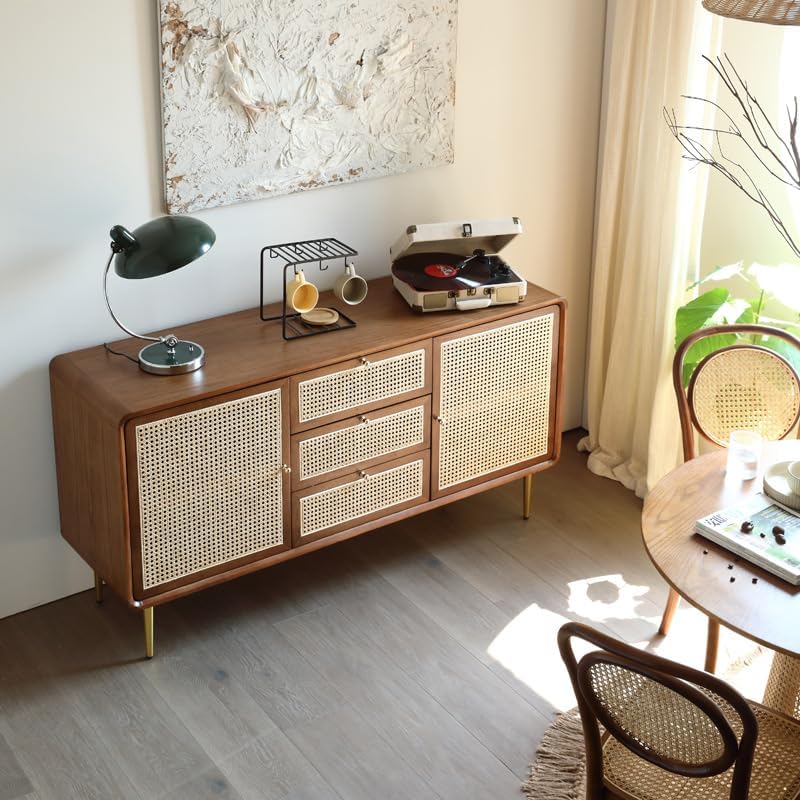 Buffet Cabinet Wooden Sideboard Home Bedroom Storage Cabinet Nordic Drawer Rattan Multi-functional Retro Buffet Cabinet with Storage