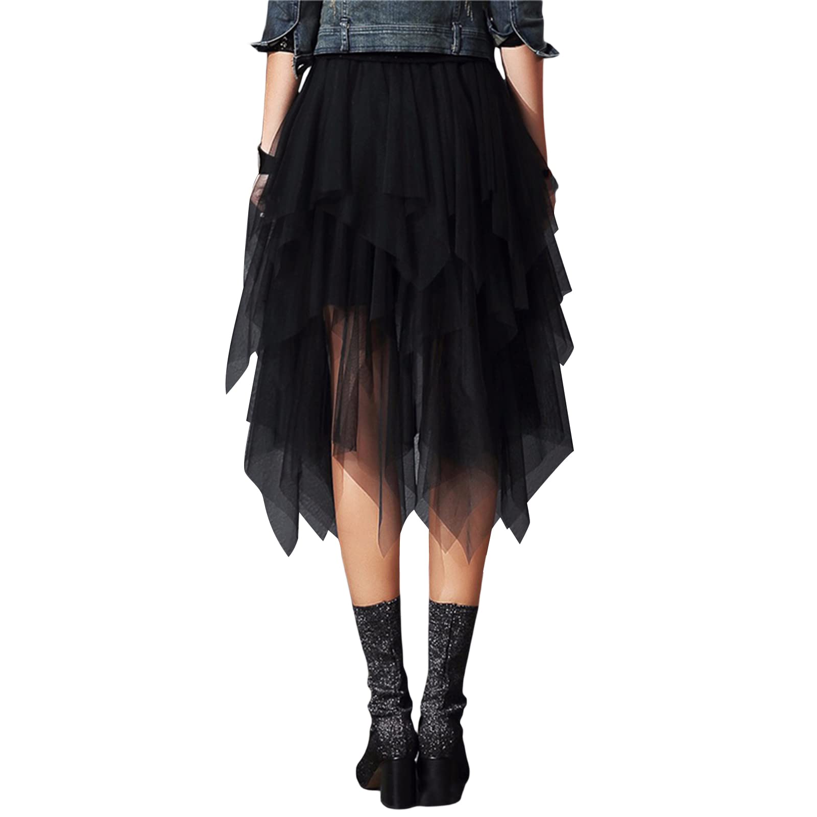 Jupes asymétriques en tulle pour femme - Taille haute élastique - Jupe tutu plissée - Jupe midi décontractée en maille, Noir irrégulier, taille unique