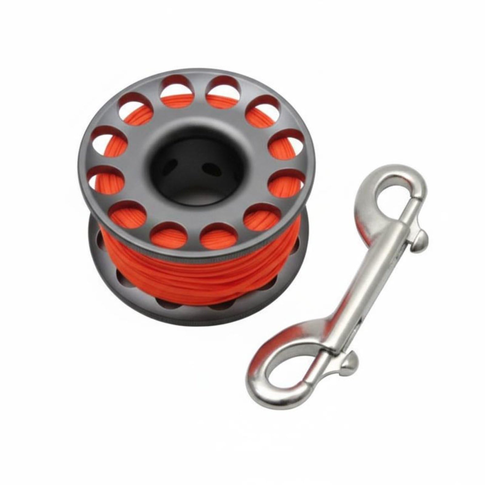 MERIGLARE Diving Reel de Plongée Spool Dérouleur avec Ligne Plate Nylon Anti Enchevêtrement en Alliage d'Aluminium 6061 et Mousqueton Inox Adapté à Plongée Souterraine Épave, Gris Fer, 30M