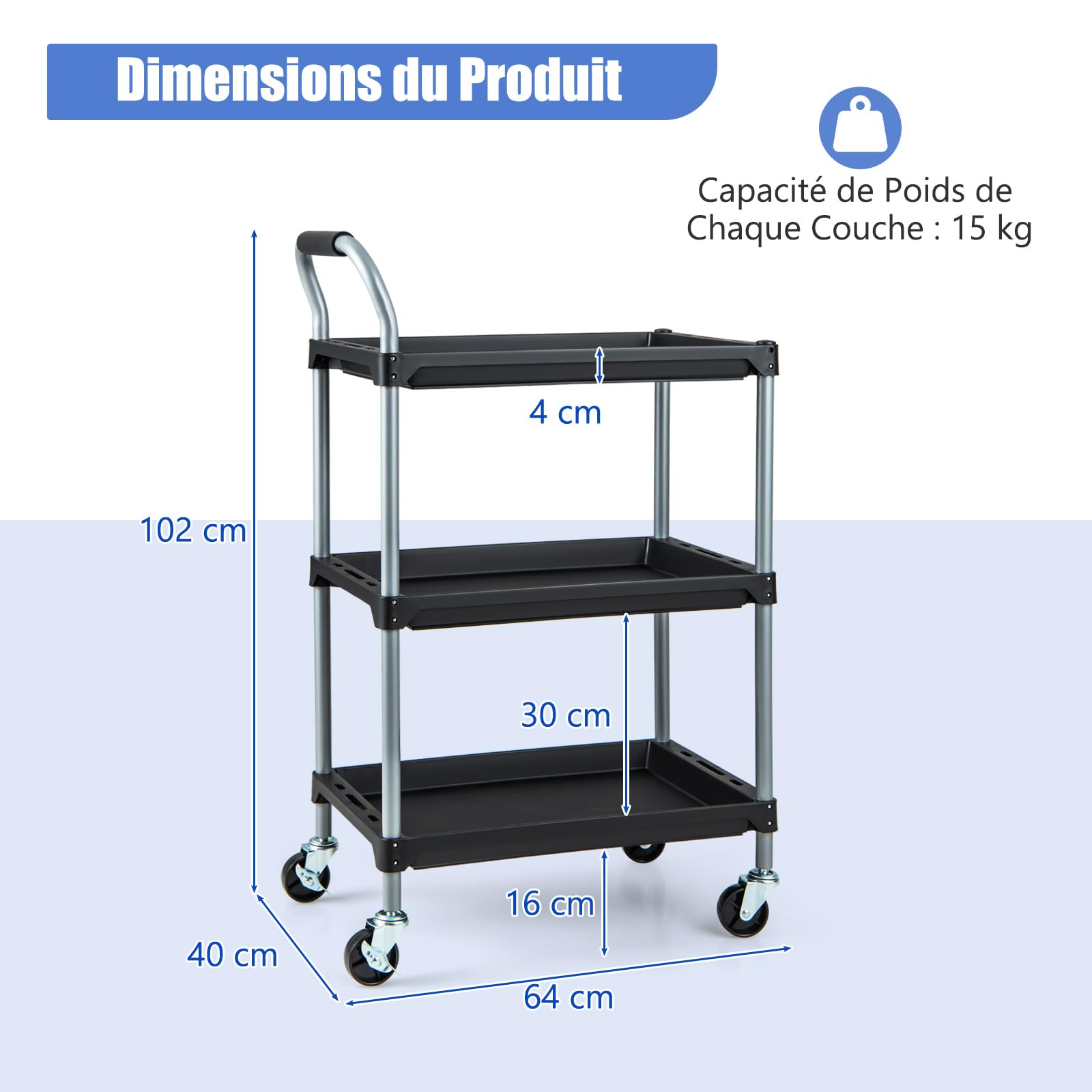 GOPLUS Chariot Servante Outils, Chariot de Service Porte Outils à 3 Étagères avec Trous de Suspension avec 4 Roues et Poignée, pour Garage, Atelier et Entrepôt, 64 x 40 x 102 CM