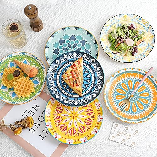 Plate Set 8 Inch - Salad Plates | Dessert Appetizer Plates Colorful - Porcelain Lunch Plates - Set of 6 - Dishwasher and Microwave Safe