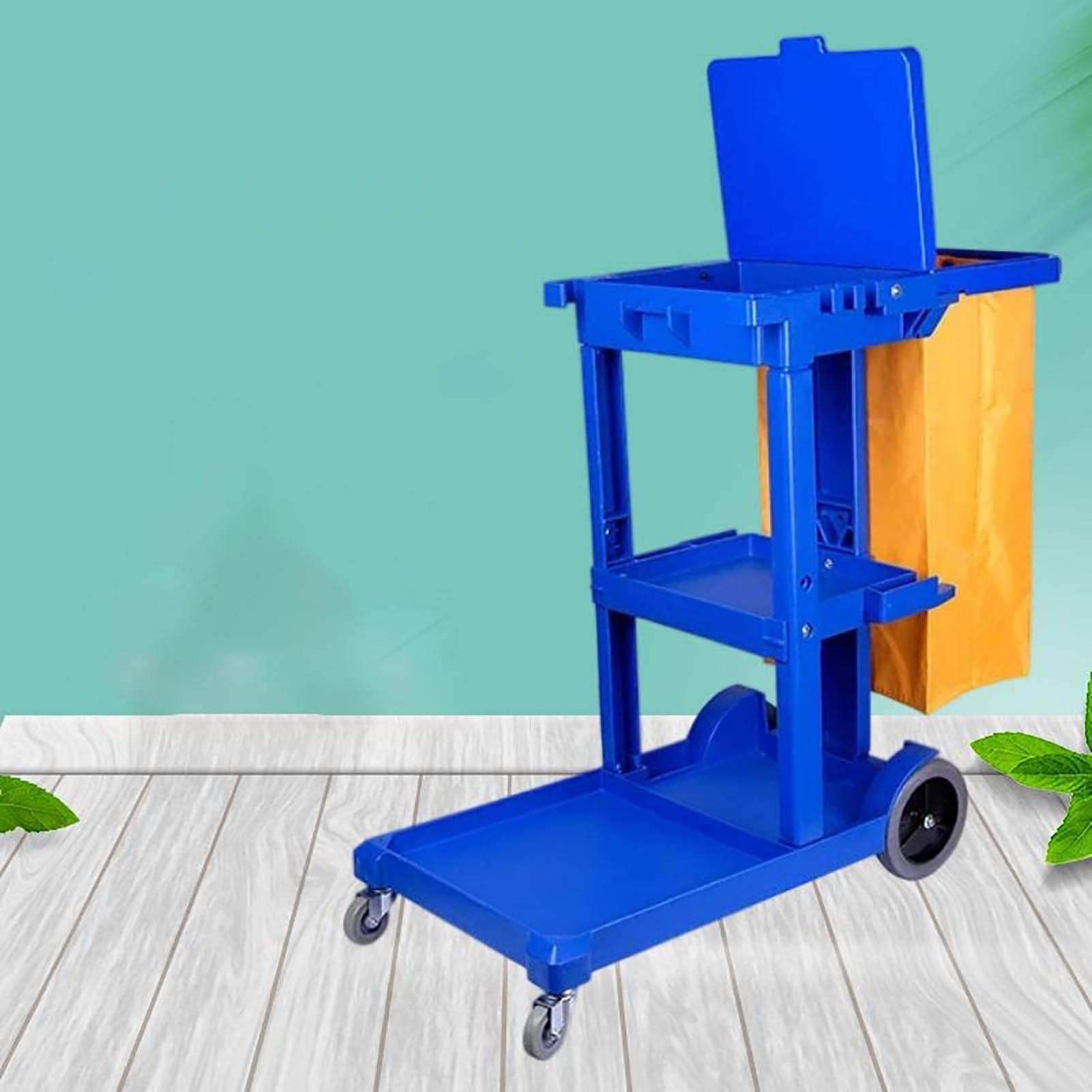 Este Carrito de Limpieza Comercial con Ruedas Incluye Bolsa y Tapa de Vinilo, 3 estantes y es Multiusos. Ideal para centros comerciales, hoteles y oficinas. Color Azul.