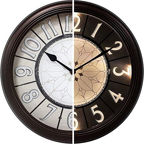 PresenTime & Co 12.6" Luminous Farmhouse Clock, Silent no Ticking, Oil Rubbed Bronze Finish, Vintage Style, Lighted Clock with Smart Sensor