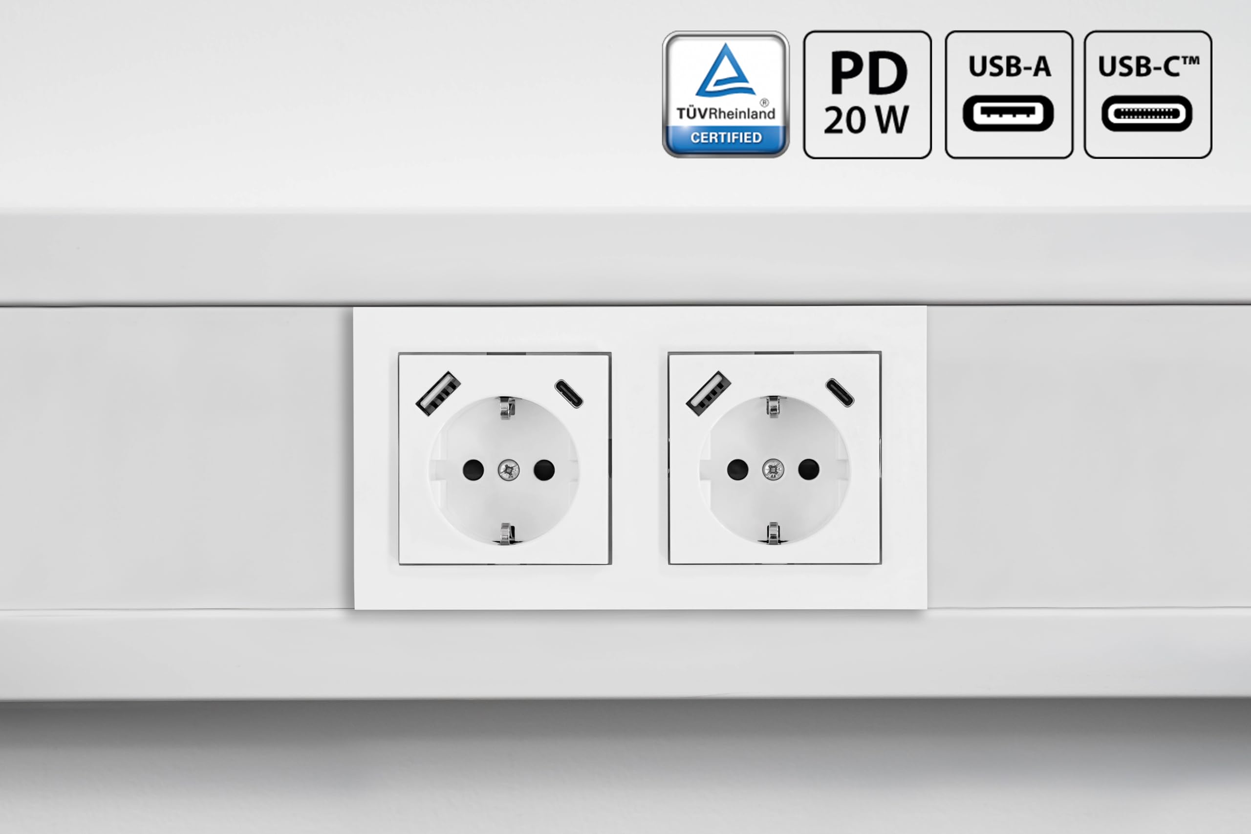 Schutzkontakt-Einbausteckdose 2-fach, jeweils mit USB-C (20W, Power Delivery 3.0) und USB-A Buchse (18W) - inkl. Doppelrahmen + 2x Zentralstück - signalweiß (RAL9003)