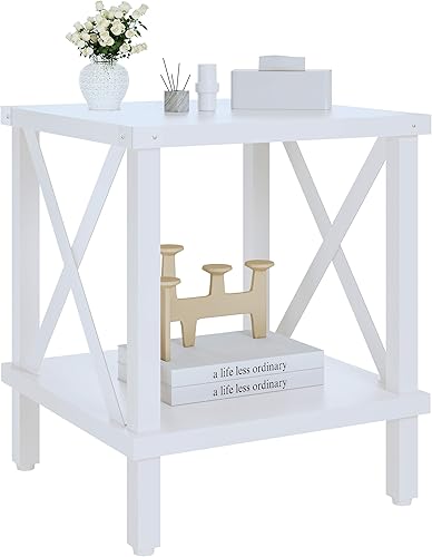 MLBZ16W - Mesa auxiliar grande de estilo industrial, mesa auxiliar de madera con acento en X de metal con estante de almacenamiento para sala de