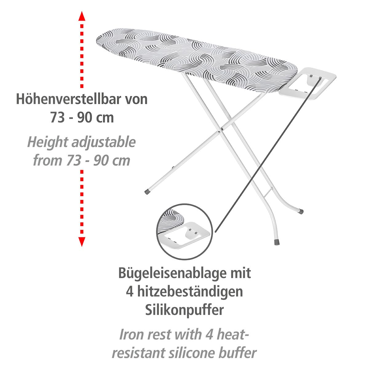 WENKO Bügeltisch Base, solides Einstiegsbügelbrett, dampfbügelgeeignet, höhenverstellbar 73-90 cm, Rundrohr Ø 20 mm aus pulverbeschichtetem Metall, Bügelfläche 110 x 30 cm, 5 mm Polsterung